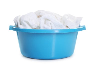 Plastic basin with laundry isolated on white
