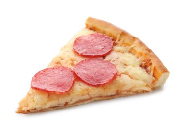 Piece of delicious pepperoni pizza isolated on white