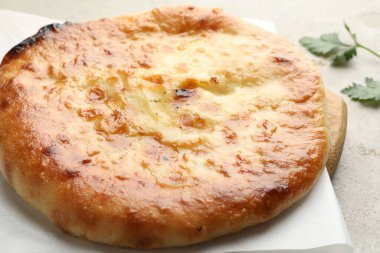 Delicious Megrelian khachapuri with parsley on grey table, closeup
