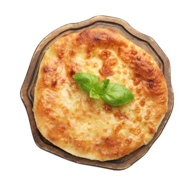 Lezzetli Megrelian Khachapuri fesleğeni beyaza izole edilmiş, üst manzara