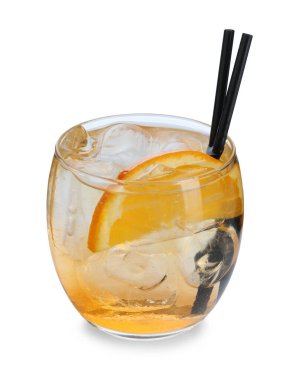 Tasty cocktail with slice of orange in glass isolated on white