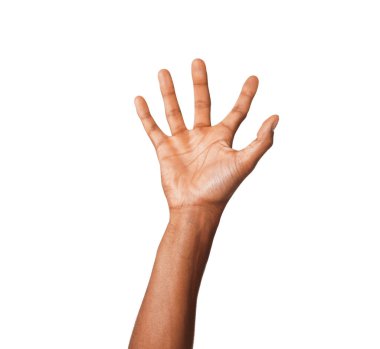 Beyaz arka planda avuç içi gösteren Afro-Amerikalı adam, yakın plan.