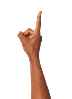 Afro-Amerikalı adam beyaz arka plan, closeup bir şey işaret