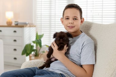 Evdeki koltukta şirin bir Griffon köpeği olan çocuk. Evcil hayvan