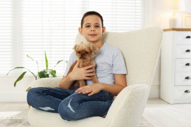 Evdeki koltukta şirin bir Griffon köpeği olan çocuk. Evcil hayvan