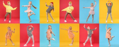 Happy child dancing on colorful backgrounds, collage