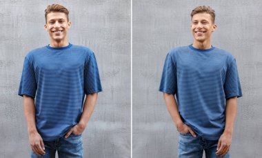 Gri arka planda tişörtlü genç yakışıklı adam, kolaj