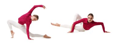 Jimnastik yapan bir kadın. Beyaz arkaplanda kolaj