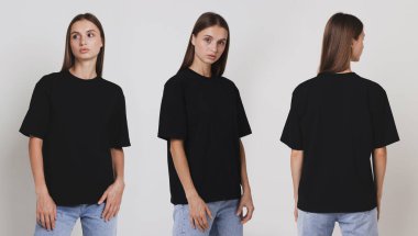 Açık arkaplanda siyah tişörtlü genç bir kadın, portre kolajı.