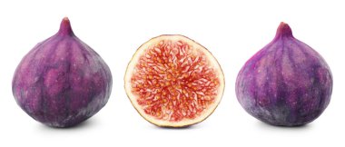 Taze incirler beyazda izole edilmiş. Tam ve dilimlenmiş.