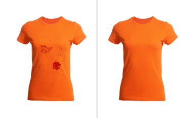 Before and after dry-cleaning. Dirty and clean t-shirt on white background, collage