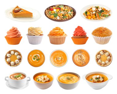 Farklı yemek, tatlı ve içeceklerin mevsimlik ana malzemesi olarak balkabağı. Beyaz arkaplan üzerindeki koleksiyon