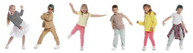 Beyaz arka planda dans eden mutlu çocuklar, kolaj