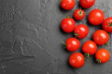 Taze olgun domatesler gri dokuma masasında, düz yerde. Metin için boşluk