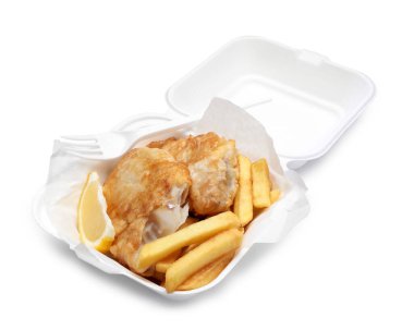 British Traditional Fish and chips with lemon in foam takeout container isolated on white