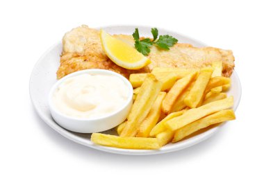 British Traditional Fish and chips with sauce, lemon and parsley isolated on white
