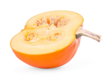 Half of ripe pumpkin with seeds isolated on white