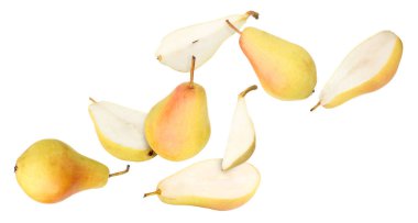 Many fresh pears falling on white background