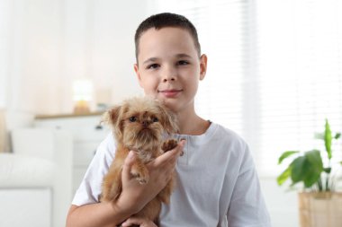 Evde şirin Griffon köpekli bir çocuk var. Evcil hayvan