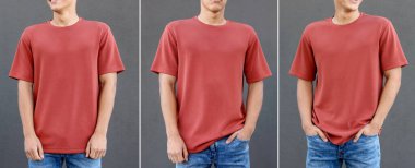 Gri arka plana karşı tişörtlü genç adam, yakın plan. Kolaj