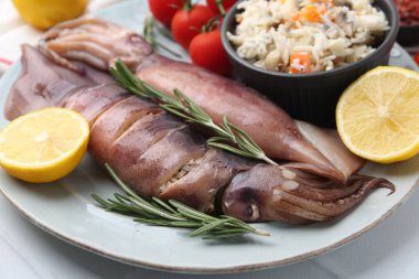 Çiğ mürekkep balıkları, dolma, biberiye, limon ve domatesler beyaz fayanslı masada, yakın plan.