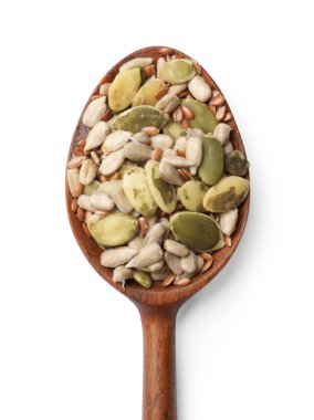 Kaşıkta farklı tohumların karışımı beyaz, üst görünümde izole edilmiş