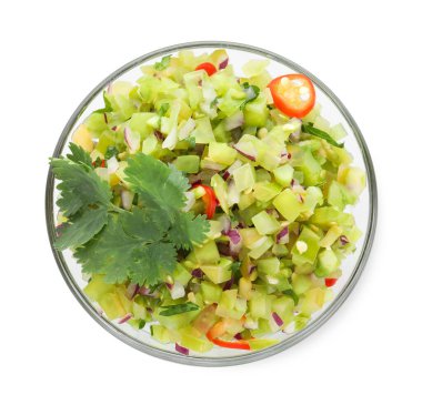 Beyaz tenceredeki leziz salsa sosu.