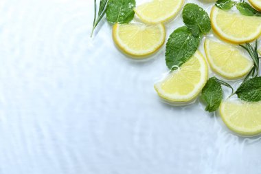 Hafif arka planda limon ve nane dilimleri, düz bir zemin. Metin için boşluk