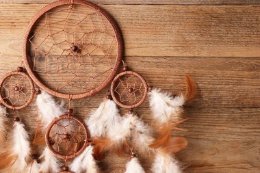 Ahşap arka planda güzel bir düş kapanı, üst manzara. Metin için boşluk