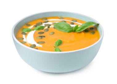 Çekirdekli balkabağı çorbası ve fesleğen.