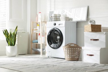 Laundry room interior with washing machine, detergents and houseplant
