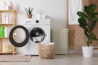 Çamaşır makinesi, sepet, deterjan ve ev bitkileriyle iç çamaşır odası.