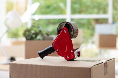 Kapalı alandaki karton kutuya yapıştırıcı bantlı şeker kutusu. Taşınma günü