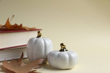 Kitaplar, kuru yapraklar ve bej arka planda dekoratif balkabakları, yakın plan. Metin için boşluk