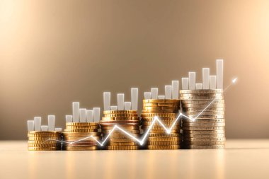 Zenginlik kavramı. Yığılmış paralar, grafikler ve ok koyu bej arka plana karşı