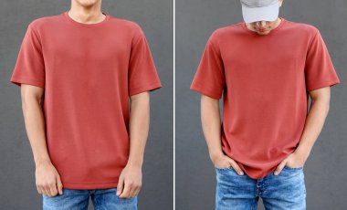 Gri arka plana karşı tişörtlü genç adam, yakın plan. Kolaj