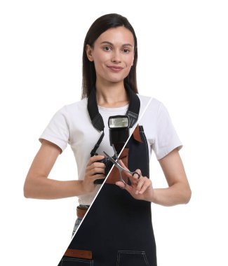 Meslek seçimi. Fotoğrafçı ve kuaför olarak genç bir kadının birleşik portresi. Beyaz arkaplanda kolaj