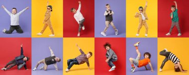 Renkli arka planlarda dans eden mutlu çocuklar, kolaj