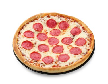 Delicious pepperoni pizza isolated on white. Tasty fast food