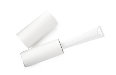 Lint roller with adhesive roll isolated on white, top view