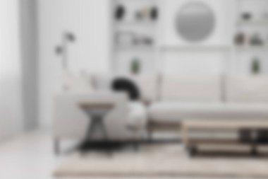 Oturma odası kanepeli, bulanık manzaralı. İç tasarım