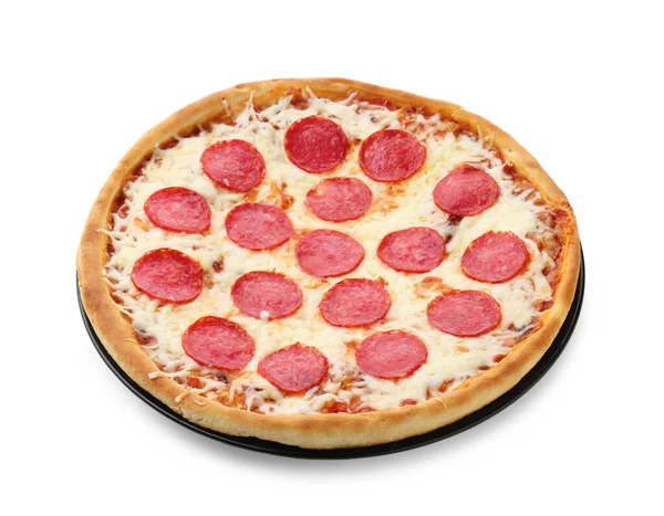 Delicious pepperoni pizza isolated on white. Tasty fast food