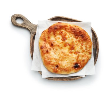 One delicious Megrelian khachapuri isolated on white, top view