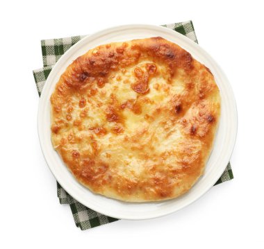 One delicious Megrelian khachapuri isolated on white, top view