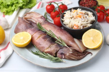 Çiğ mürekkep balıkları, dolma, biberiye, limon ve domatesler beyaz masada, yakın plan.