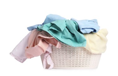 Plastic laundry basket full of clothes isolated on white