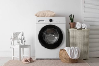 Çamaşır makinesi, sepeti ve bitki örtüsüyle iç çamaşır odası.