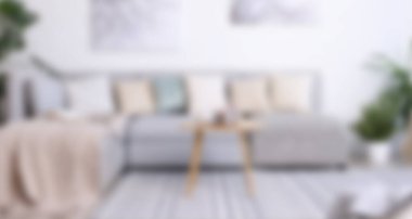 Oturma odası kanepeli, bulanık manzaralı. İç tasarım