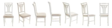 Şık sandalye beyaza izole edilmiş, set. Kullanılmış mobilya