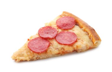 Piece of delicious pepperoni pizza isolated on white
